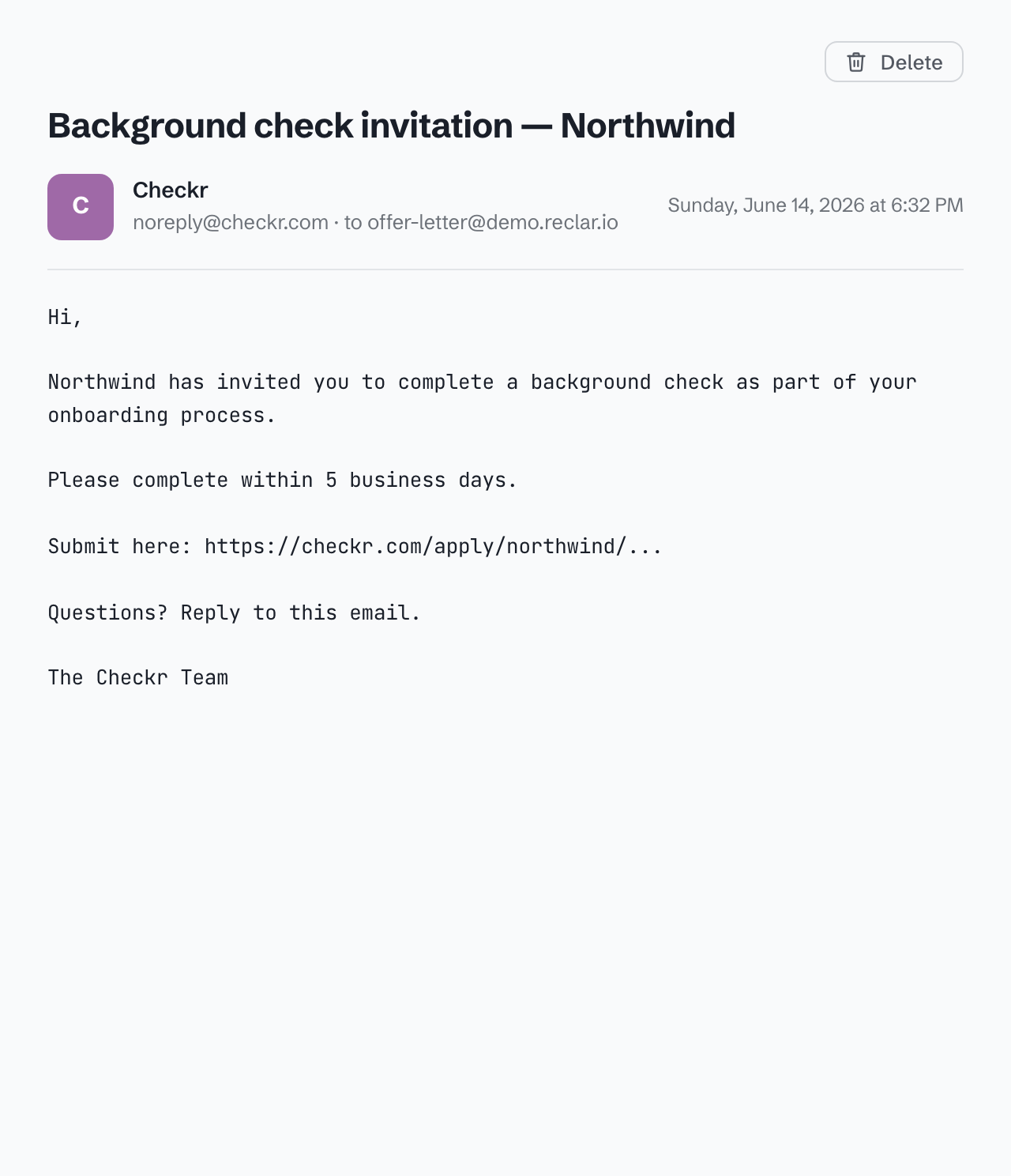Rendered candidate email